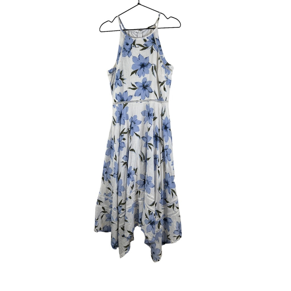 Lulus Womens Shift Dress Blue Floral Lined Midi Jewel Neck Sleeveless Cut Out S